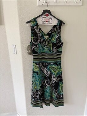 Dress Barn Black Teal & Green Paisley V-Neck Midi Dress